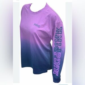 Victorias Secret PINK Graphic Long Sleeve Ombré Blue Purple Campus T-Shirt Sz M